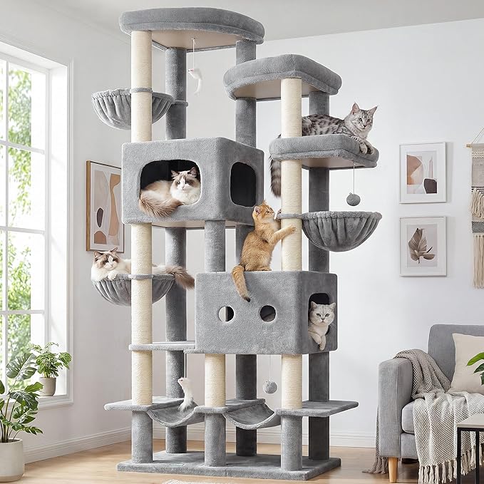 Globlazer 81in Multi-Level Larger Cat Tree Tower Condo Indoor Furniture Activity Center with Oversized Plush Cat Bed/Baskets/Full-Sisal Scratching Posts and Hammock/S81/Light Gray