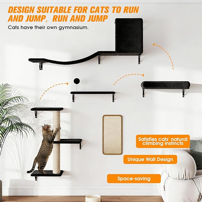 COZIWOW Cat Wall Shelves Set, 5-Piece Wall Mounted Cat Furniture with Cat Tree & Scratching Post, Floating Cat Perches for Indoor Cats（Black）