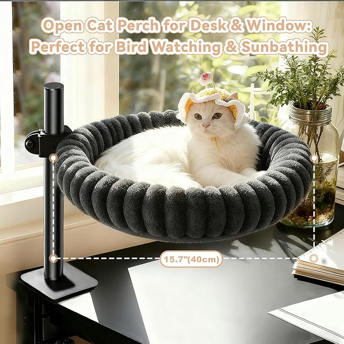 Dogpals 360° Rotating Cat Bed for Desk, Height Adjustable Cat Perch with Semi-Enclosed Design & Removable Cushion, No-Drill Clamp fits up to 1.18" Desk, Supports 9lbs for Office, Gaming Table, Grey