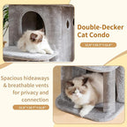 Heybly Cat Tree, 25.6-inch Cat Tower with Spacious Top Perch for Large Cats, Stair-Style Cat House Furniture with Dual-Layer Condos, Sisal Scratching Posts, Cozy Basket & Pompom, Light Gray HCT204SW