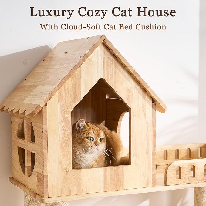 Modern Solid Wood Cat Tree Tower for Indoor Cats Large Adult, 58 inch Corner Cat Tree with Cat House, Luxury Aesthetic Cat Tree with Space Capsule, Large Perch, Sisal Scratching Pad Post