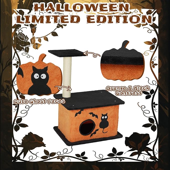 33" Halloween Cat Tree with Spacious Cat Condo, Small Cat Tower for Indoor Cats with Large Platform, Sisal Scratching Post - Spooky Cat Furniture for Small to Medium Cats, Orange & Black