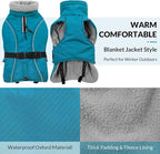 Queenmore Winter Dog Jacket, Waterproof Puffy Snowsuit, Adjustable Reflective Fleece Lining Warm Padding Parka for Cold Weather, Blue Large