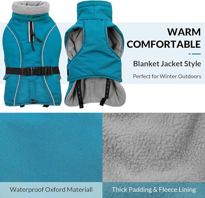 Queenmore Winter Dog Jacket, Waterproof Puffy Snowsuit, Adjustable Reflective Fleece Lining Warm Padding Parka for Cold Weather, Blue Large