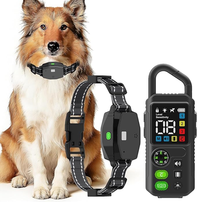 2-in-1 Dog Training Collar & Bark Collar, Safety Lock Remote, Adjustable Beep,Vibration & Shock,990ft Range,IPX7 Waterproof Dog Collar for 3 Dogs,Medium & Large,LED Light,Compass & Carabiner-2 Collars