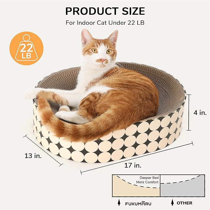 FUKUMARU Cardboard Cat Scratcher Bed, 2-in-1 Oval Cat Scratch Pad, Cats Scratching Board Lounge Bed Indoor, Durable Modern Kitty Scratcher Bowl, Cats Scratch Furniture Protector, Polka Dot