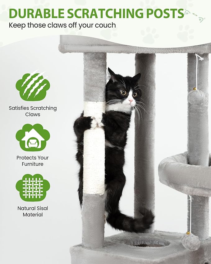 Cat Tree Tower for Indoor Cats, 67 inch Multi-Level Tall Climbing Tower with 3 Large Platform, Scratching Post, Hammock, Kitty Condo for Multiple Cats, Modern Cat Tree Furniture Heavy Duty, Light Grey