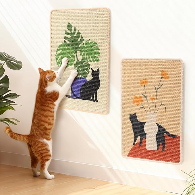 FUKUMARU Sisal Cat Scratching Mat, 23.6 x 15.7 Inch Natural Sisal Cat Scratch Pad Mats for Indoor Cats, Horizontal Cats Wall Scratcher Kitten Floor Rug with Sticky Tapes, Furniture Protector(Monstera)