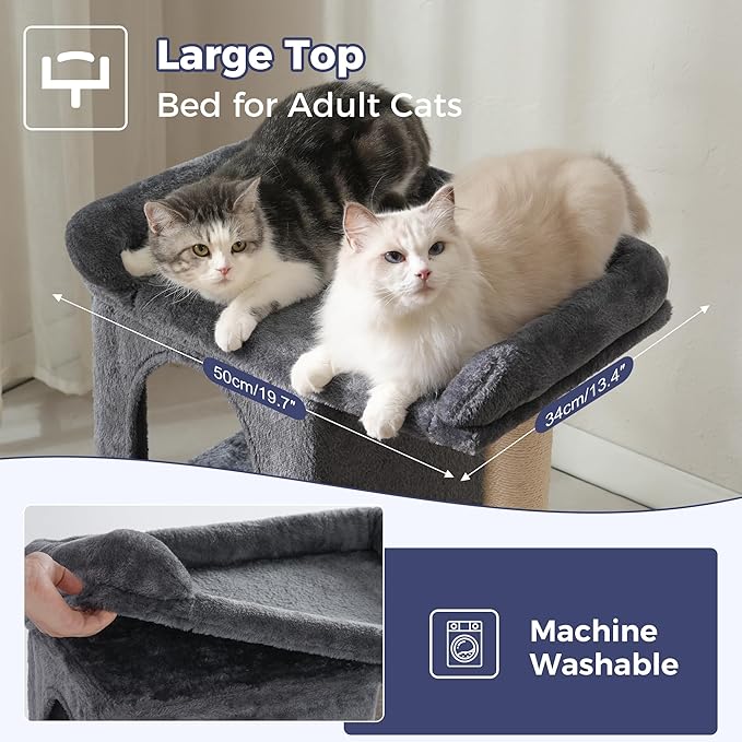 Small Cat Tree Tower for Large Cats with Spacious Top Bed 20x13.8”Private Cat Condo,Sisal Scratching Post and Ramp and Self Groomer and Spring Ball-Dark Grey