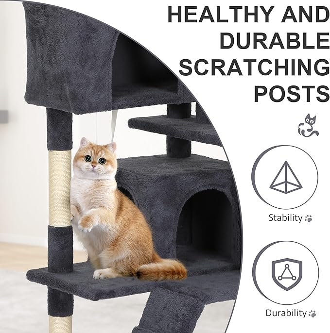 62" Multi-Level Cat Tree Tower with Scratching Posts, Toys & Condo,Compact Floor Footprint & Vertical Space for Multi-Cat HomesSpace-Saving Design for Indoor Kittens-Dark Grey