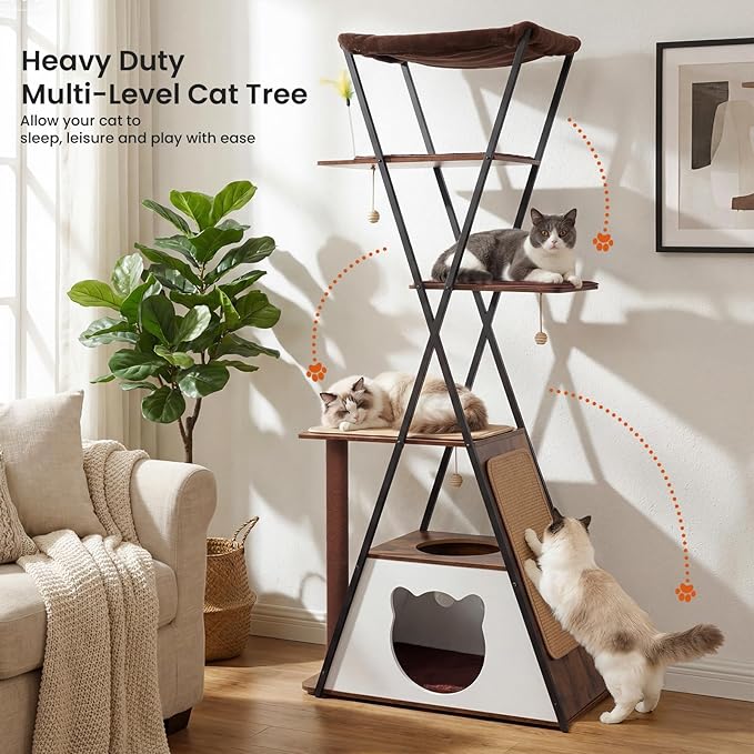 71" Modern Wood Cat Tree for Large Cats—Heavy Duty Tall Cat Tower for Indoor Cats, Multi-Level Cat Furniture with Condo, Large Perch, Scratching Posts & Hammock (Burnt Wood with White Cave)