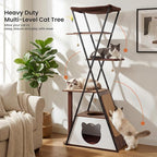71" Modern Wood Cat Tree for Large Cats—Heavy Duty Tall Cat Tower for Indoor Cats, Multi-Level Cat Furniture with Condo, Large Perch, Scratching Posts & Hammock (Burnt Wood with White Cave)