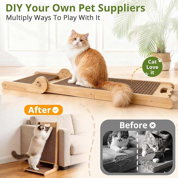 4-in-1 Adjustable Cat Scratch Pad, Nature Cork Scratching mat, 32 inch Foldable Wooden Post. Easy Install, Durable Design for Indoor Cats