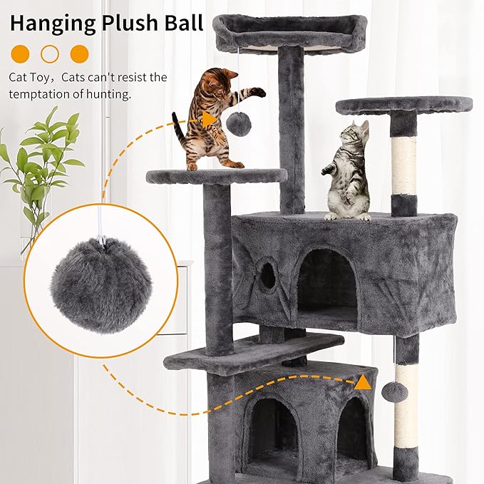 BLKMTY Cat Tree 70" Tall Cats Tower Large Cat Condo Climber Cats Climbing Stand with Top Perches Playhouse and Climbing Ladder Kitty Activity Tree w/Scratching Post Toys, Ashy
