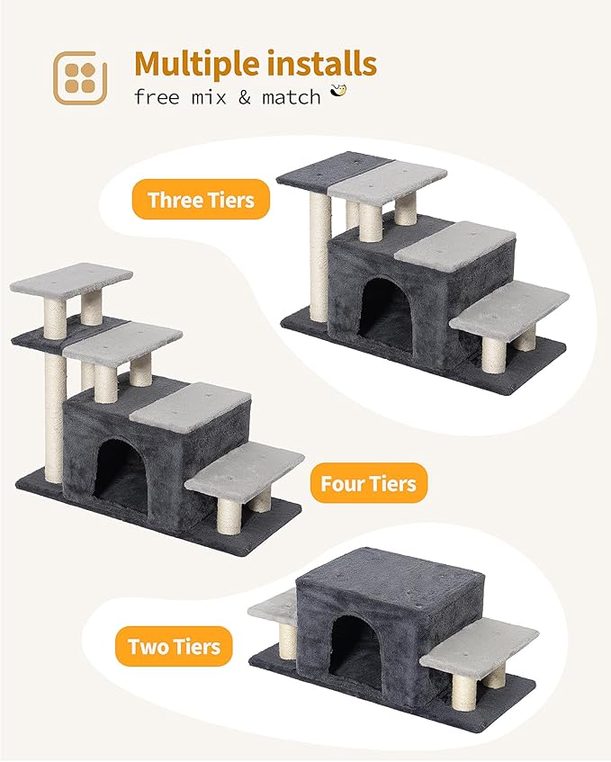 4-Tier Cat Stairs for High Bed with 22'' Cat Scratching Post, Pet Steps for Doggies Rabbit Ferret, Adjustable Cat Cave, Grey, Extra Large