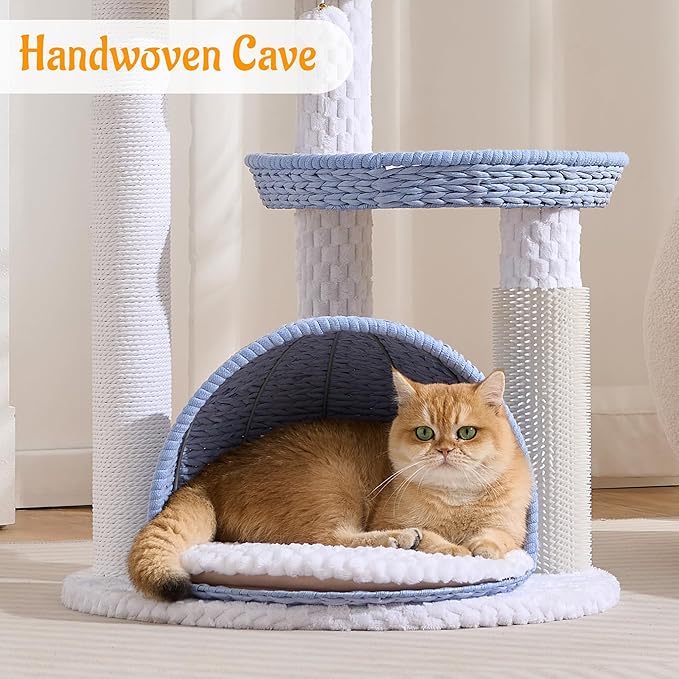 HITTITE Modern Cat Tree Tower with Scratching Post, 46 Inches Tall Cat Towers with Woven Cat Nests and Cave, Multi-Level Cat Tree With Removable Cushions and Massage Brush for Indoor Cats Large Adult.