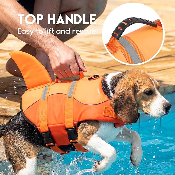 ASENKU Dog Life Jacket - Pet Safety Vest for Swimming & Boating, Shark Life Jacket with Floatation, Dog Lifesavers Swimsuits for Small Medium Large Dogs (OrangeMix, L)