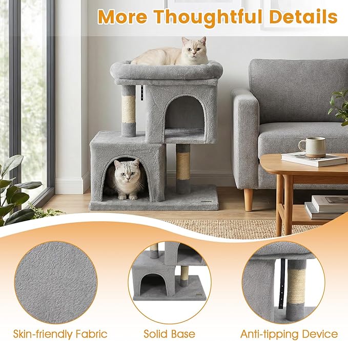 PETSITE 25.5-inch Small Cat Tree, Modern Multi-Level Cat Tower with 2 Comfy Condos, Sisal Scratching Posts, Large Plush Top Perch, and Anti-Tipping Kits, Ideal for Indoor Cats and Kittens (Grey)