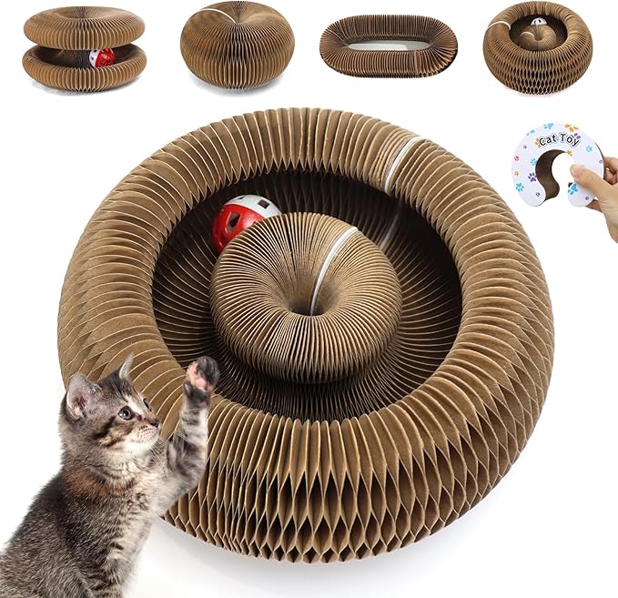 Magic Organ Cat Scratcher Cardboard, Interactive Scratch Cat Toy with Bell Ball, Foldable Scratching Board, Corrugated Cardboard Scratch Pad for Indoor Cats, Round(1PCS)