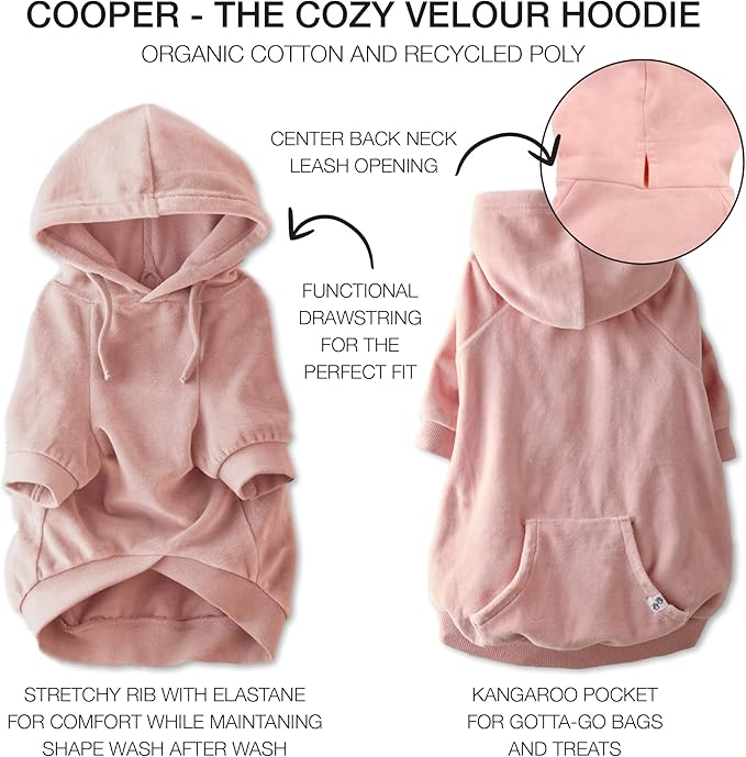 Cooper II Organic Cotton Velour Dog Hoodie Pet Coat for Small, Medium and Large Dogs, Pink, Large