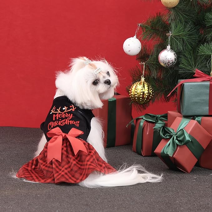 CuteBone Christmas Dog Dresses Velvet Holiday Small Dogs Clothes Onesie Pet Apparel Girl Puppy Skirt with Bow Hair Rope CVA59L-D