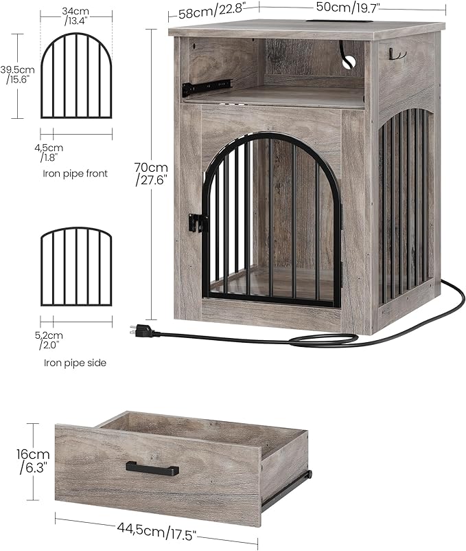 Dog Crate Furniture, Wooden Dog House with Charging Station and Storage Drawer, Indoor Pet Crate End Table for Small Breeds, for Living Room, Bedroom, Greige MGW01UFH