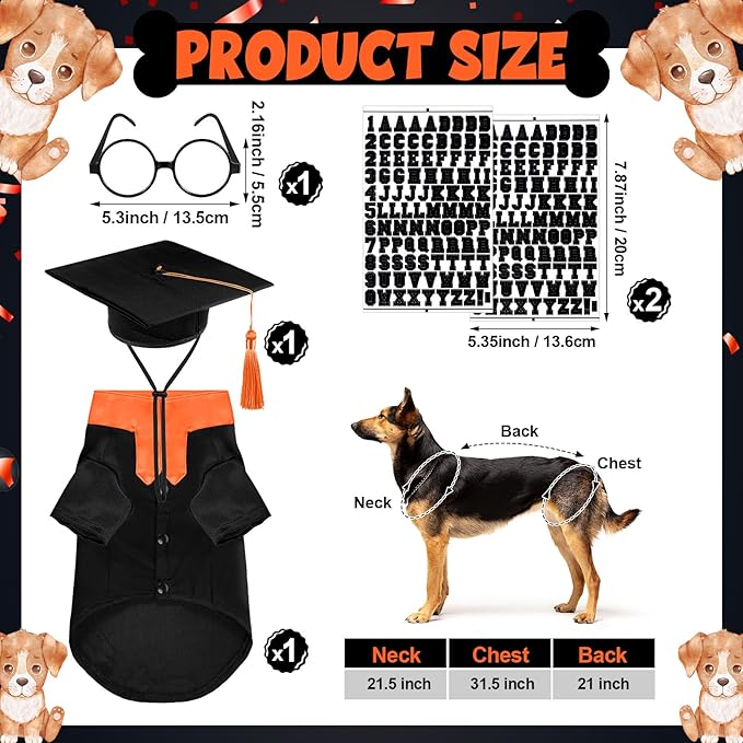 5 Pcs Dog Graduation Costume Set Include 2026 Pet Graduation Gown with Stole Puppy Grad Cap Lensless Glasses DIY Letter Stickers for Dogs Cats Holiday Costume Accessory(Black Orange,XL)