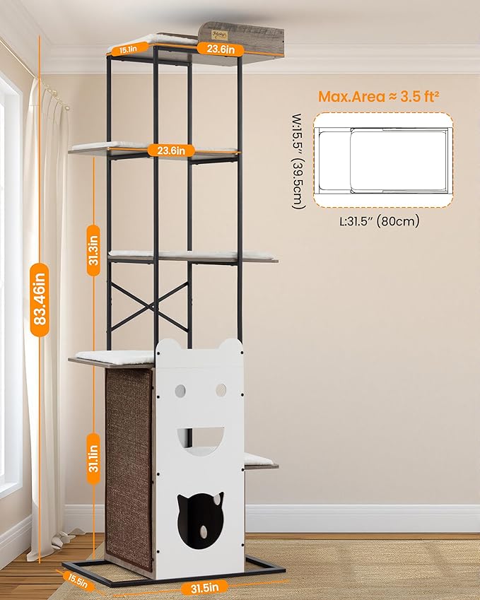Wood Cat Tree Tower, 84 Inch Modern Extra Tall Cat Condo Trees for Indoor Cats Large Adult, XL Multi-Level Heavy Duty Wooden Sturdy Cat House Furniture with Platform Perch Bed Scratching Post