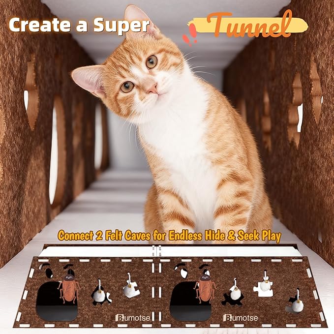 Felt Cat Cave House for Indoor Cats with Catnip Toy, Large Cat Bed Tunnel for Scratching Play, No-Tool Assemble Warm Silent Cat House for Large Cats Up to 22lb, Durable and Washable, Coffee