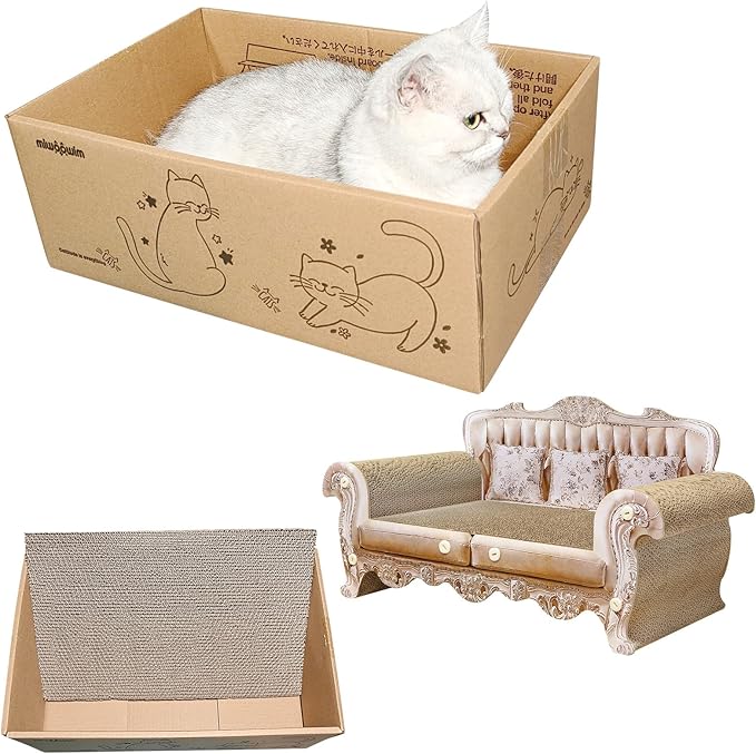 Cat Scratcher Bed, 23 Inch Kitty Couch and 17.3 Inch Scratch Box with Pad, Modern Large Kitten Lounger for Indoor Cats,Unique Cute Corrugated Cardboard Cat Sofa Scratcher,