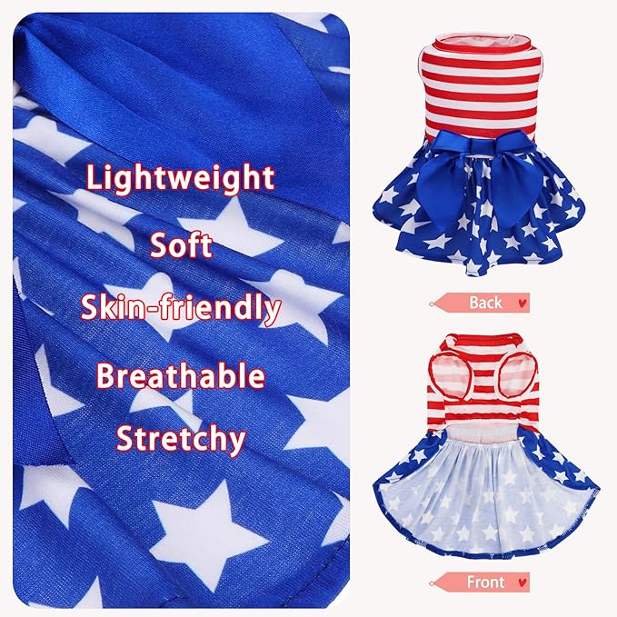 PUPTECK Print Dog Dress Pet Apparel for 4th of July with Cute Bowtie Puppy Clothes Outfit, Flag, M