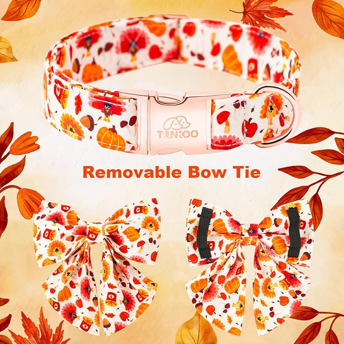 Tunkoo Dog Collar with Pretty Bow Tie Pumpkin and Turkey Pattern - Durable, Adjustable and Stylish Thanksgiving Pet Collar, Available in Small Medium Large, S