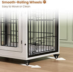 Lulive Dog Crate Furniture Set of 2, Dog Kennel Indoor Double Doors Wooden Dog Cage, 32'' Heavy Duty Dog Crate with Cushion & Wheels, End Table Pet House Chew-Resistant Up to 45 lb, White