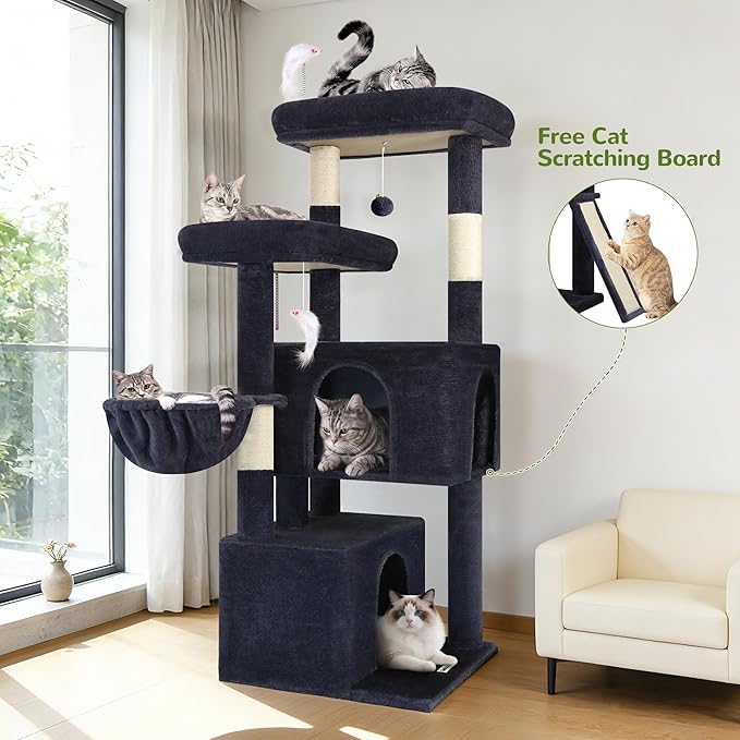 Globlazer Cat Tree Tower with Scratching Post for Indoor Cats, 55inch Tall Plush Multi-Level Cat Climbing Tower Condo House with Hanging Basket, 2 Spacious Cat Cave, F55, Beige (Dark Gray)
