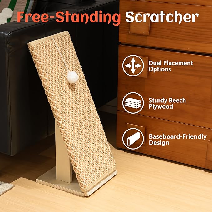 PETKARAY Inclined Cat Scratcher, Sisal Scratching Ramp for Indoor Cats, 24.8'' Cat Scratch Post for Couch, Replaceable Sisal Scratch Pad with Toy Ball, Classic