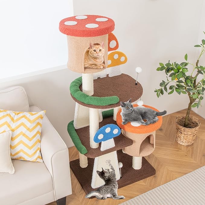 Nightcore Mushroom Small Cat Tree, 57.5" Multi-Level Cat Tower w/Natural Sisal Scratching Posts & Boards, Cat Tree w/Interactive Balls & 2 Cozy Cat Condos for Indoor Cats Large Adult