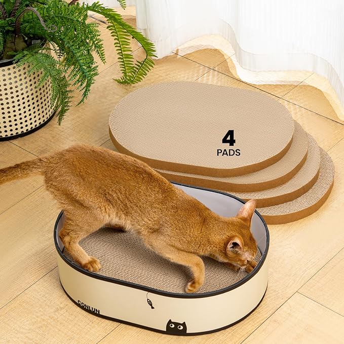 Cat Scratcher Box with 4 Cat Scratching Board Reversible Cat Scratch Pad, Heavy Duty Corrugated Cardboard Cat Bed Lounger Cat Scratchers for Indoor Cats, Protects Furniture,Kittens Gifts-Large
