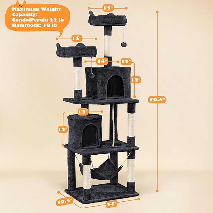 Topeakmart Multi Level Cat Tree 70.5in, Kitten Condo with 2 Condos & 2 Foam-Padded Perches, Cat Tower Furniture for Medium/Large Cats