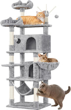Yaheetech Cat Tree, 67in Large Tower w/ 3 Removable Teaser Sticks, 2 Kitten-Ear Shaped Perches, 2 Condos, Hammock, Scratching Post, Multi Level Pet House, Light Gray