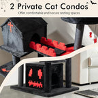 PETSITE 49 inch Gothic Cat Tree, Multi-Level Halloween Goth Cat Tree Tower with Coffin Bed, Scratching Posts, 2 Condos, Cozy Top Perch, Bat-Shaped Teasing Balls, Black
