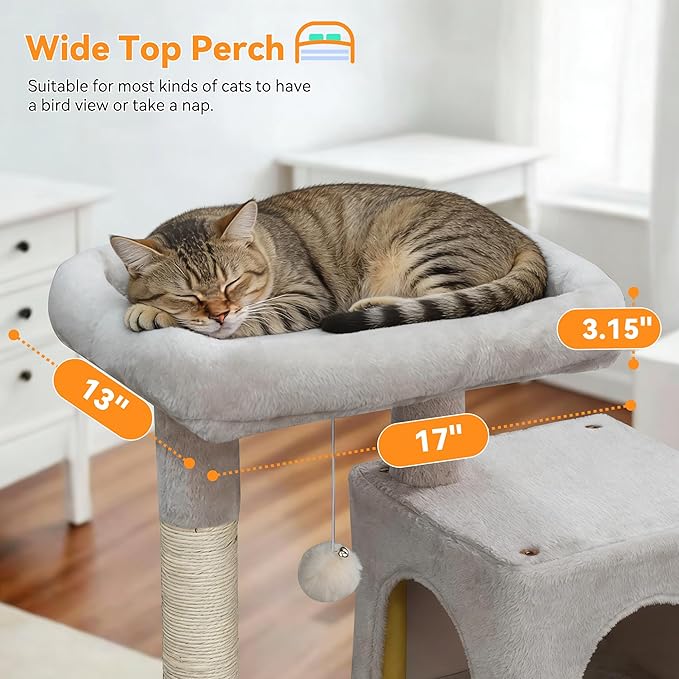 Cat Tree, 29.5 Inches Cat Tower with Dual Condos for Indoor Cats, Plush Cat House with Padded Perch, Scratching Ramp and Posts White-Gray