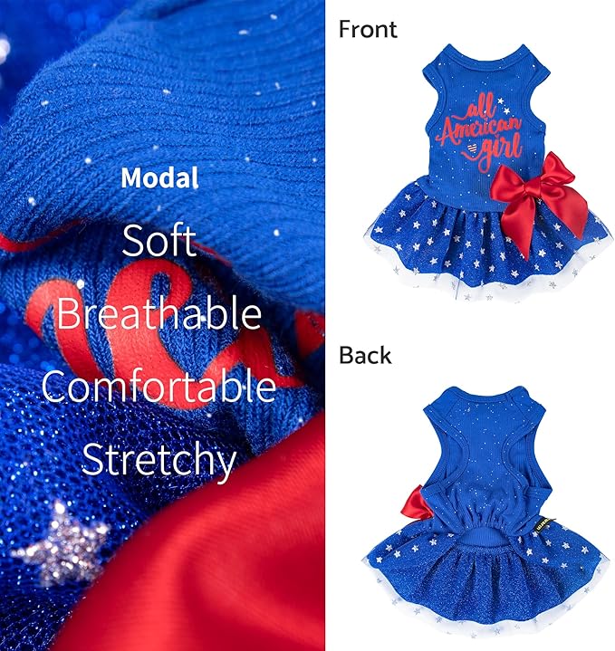 Fitwarm All American Girl Dog Dress, 4th of July Dog Clothes for Small Dogs Girl, Patriotic Dog Tulle Dress, Pet Outfit, Royal Blue, Red, White, XS