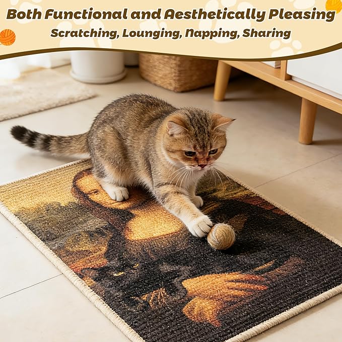 Mona Lisa Sisal Black Cat Scratcher Pad for Indoor - Wall Mounted 24x16 Inch Scratching Mat with Adhesive Hook Loop Tape Protect Couch Carpet Durable Cat Wall Scratcher for Furniture Protect