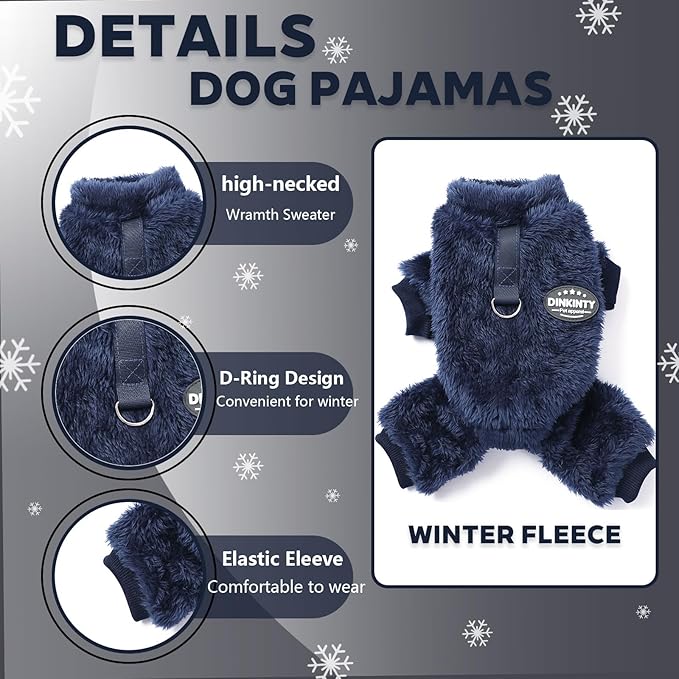 Fleece Dog Pajamas Winter Warm Dog Sweater for Small Dogs Thermal Soft Puppy Pjs Coat Stretchy Jumpsuit Doggie Pet Clothes Outfits Cat Apparel (Navy Blue, Small)