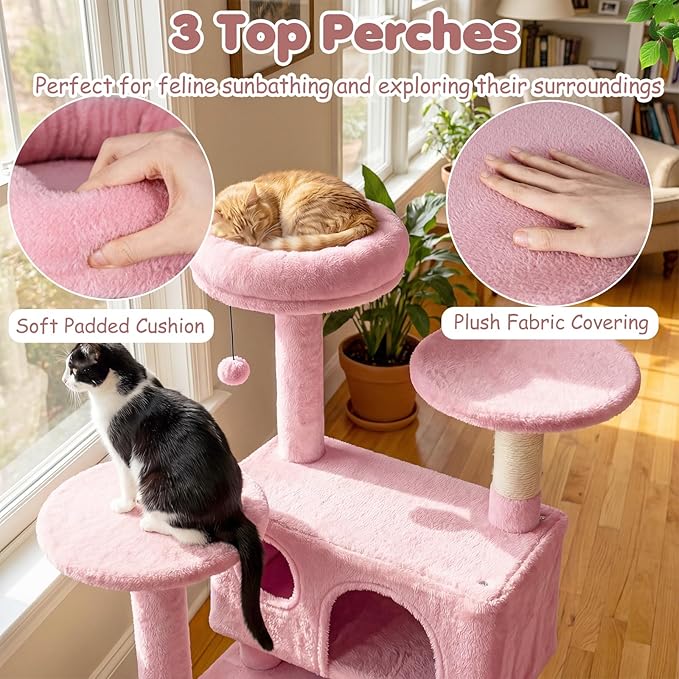 Tangkula Pink Cat Tree Tower, 52 Inch Multi-Level Cat Tower with Sisal Scratching Posts, Cushioned Top Perch, Large Dual Condos & Ladder, 2 Hanging Balls, Jumping Platforms for Indoor Cats (Pink)