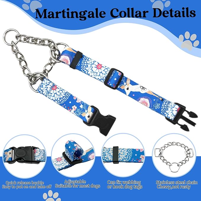Martingale Dog Collar with Chain Stainless Steel, Nylon Dog Collar Flowers Pattern, Adjustable Training Walking Collar with Quick Release Buckle, Slip Chain Collar for Puppy Medium Large Dogs