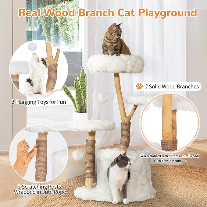 COZIWOW Modern Cat Tree Tower, Cloud Cat Tree with Solid Natural Wood Scratching Post, Luxury Condo & Perches, Aesthetic White Cat Furniture for Indoor Large Cats, 34" L X 17.7" W X 41.7" H