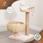 PetPals 3 Level Handwoven Paper Rope Cat Basket Bed and Perch with Scratching Post, Washable, Removeable Curshions, Playful Toy, for Indoor Cat, Light Brown