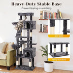 Large Cat Tree with Scratching Posts, Bed, Hammocks & Condos – Multi-Level Cat Tower for Playful Cats, 74" Modern Jungle Gym for Multiple Cats, Grey