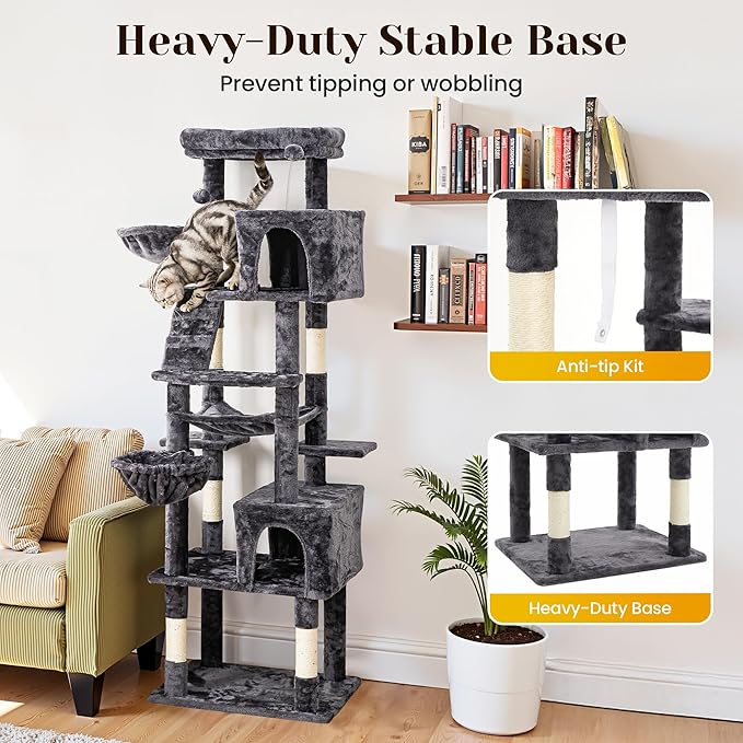 Large Cat Tree with Scratching Posts, Bed, Hammocks & Condos – Multi-Level Cat Tower for Playful Cats, 74" Modern Jungle Gym for Multiple Cats, Grey